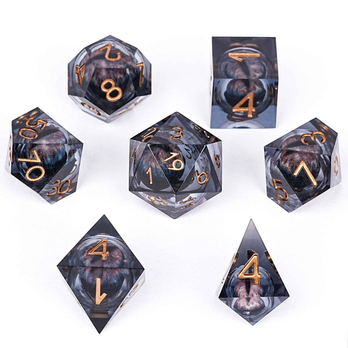 Dragon Liquid Core Dice Set – Sharp Edge – Sharp - edged black dragon's eye transparent liquid core resin DND dice set