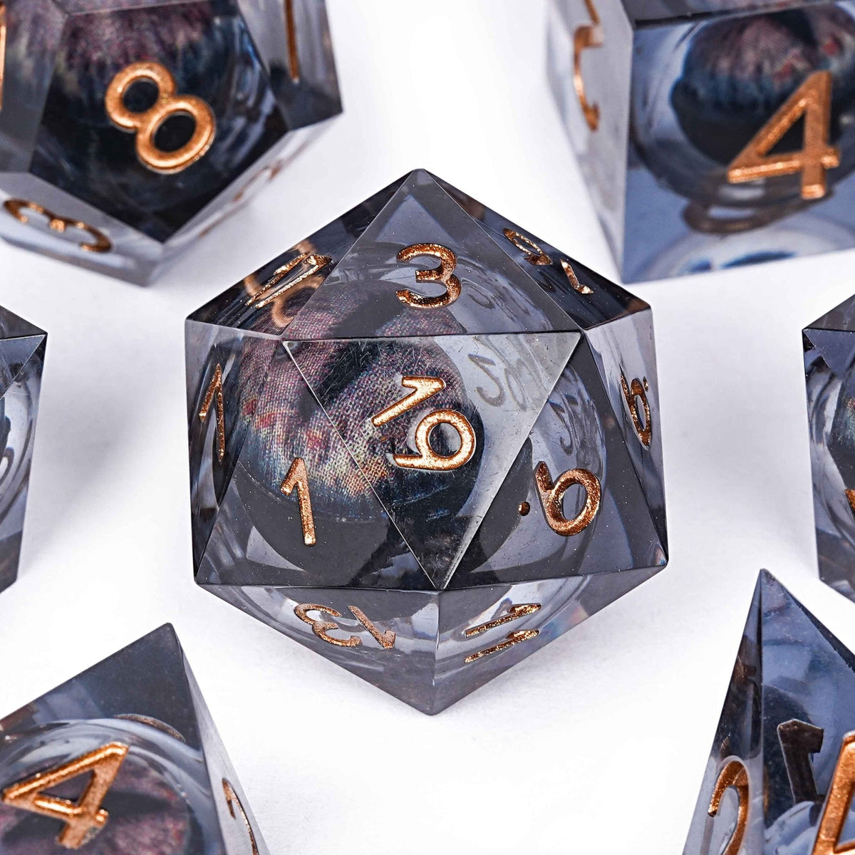 Dragon Liquid Core Dice Set – Sharp Edge – Sharp - edged black dragon's eye transparent liquid core resin DND dice set