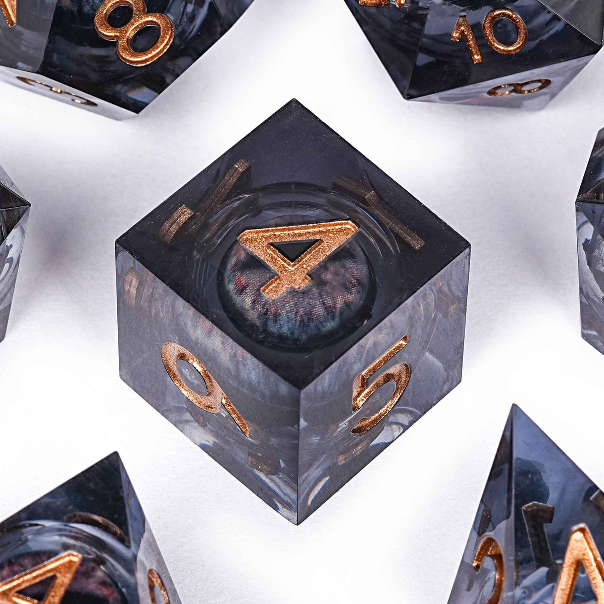 Dragon Liquid Core Dice Set – Sharp Edge – Sharp - edged black dragon's eye transparent liquid core resin DND dice set