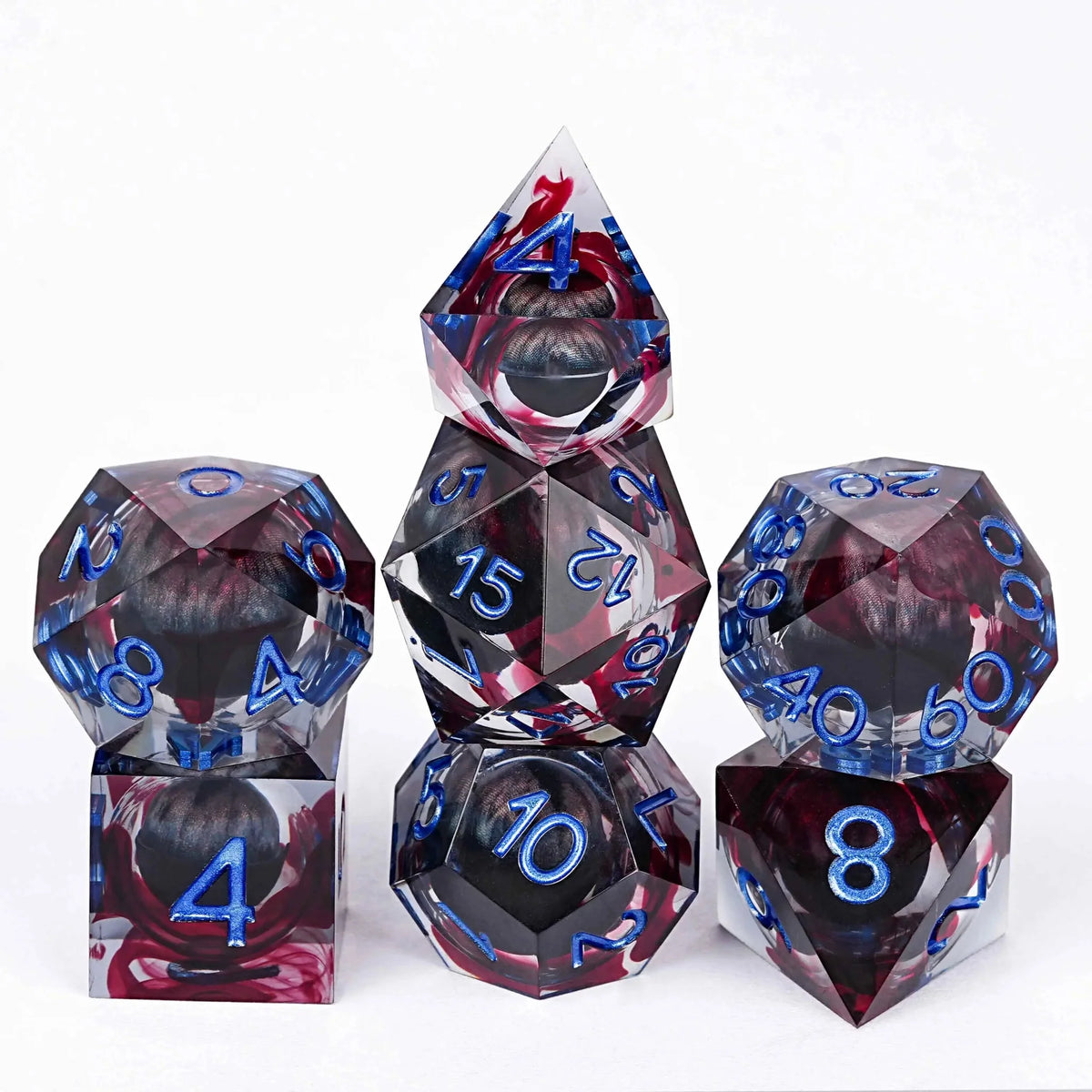 Dragon Liquid Core Dice Set – Stained Eye – Blood - stained Black Dragon Eye Liquid Core Resin Polyhedron DND Dice Set
