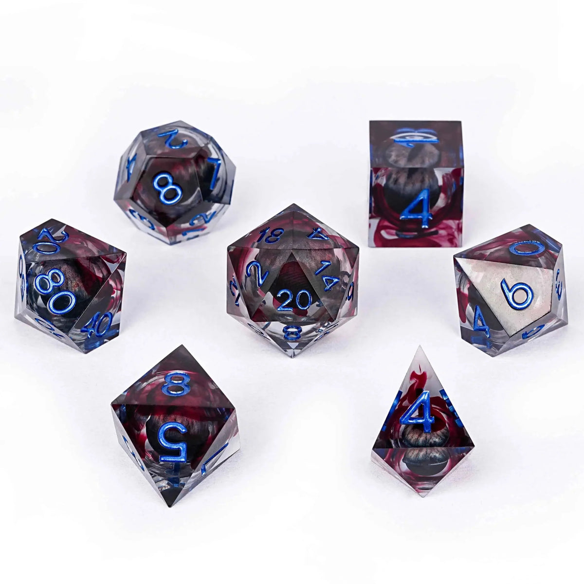 Dragon Liquid Core Dice Set – Stained Eye – Blood - stained Black Dragon Eye Liquid Core Resin Polyhedron DND Dice Set