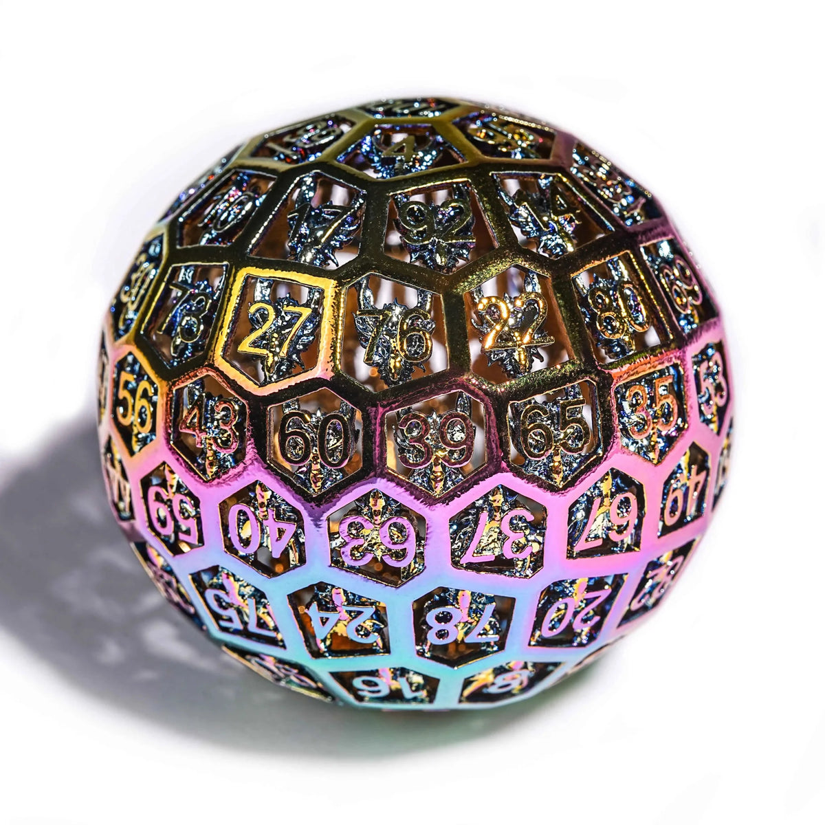 Dragon Metal D100 Dice – Personalized Design – Personalized Design 1 – Laser-processed purple, blue, and yellow