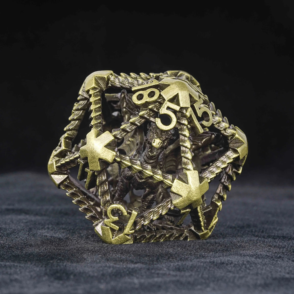 Dragon Metal D20 Dice – 40mm bronze metal 3D flying dragon giant D20 dice in bright light