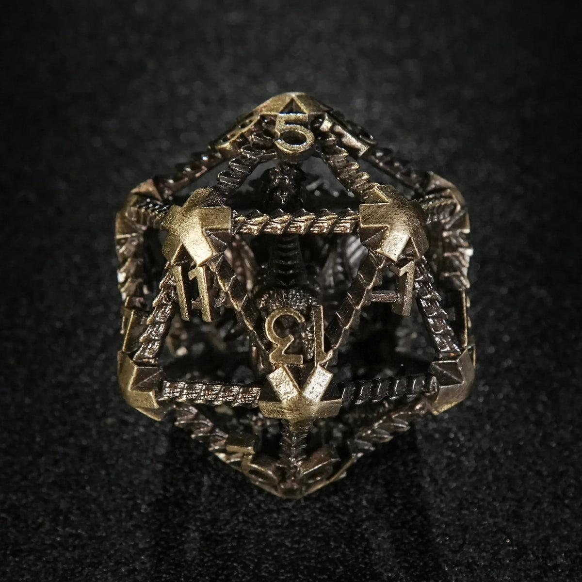 Dragon Metal D20 Dice – 40mm bronze metal hollow 3D flying dragon giant D20 dice in dim light