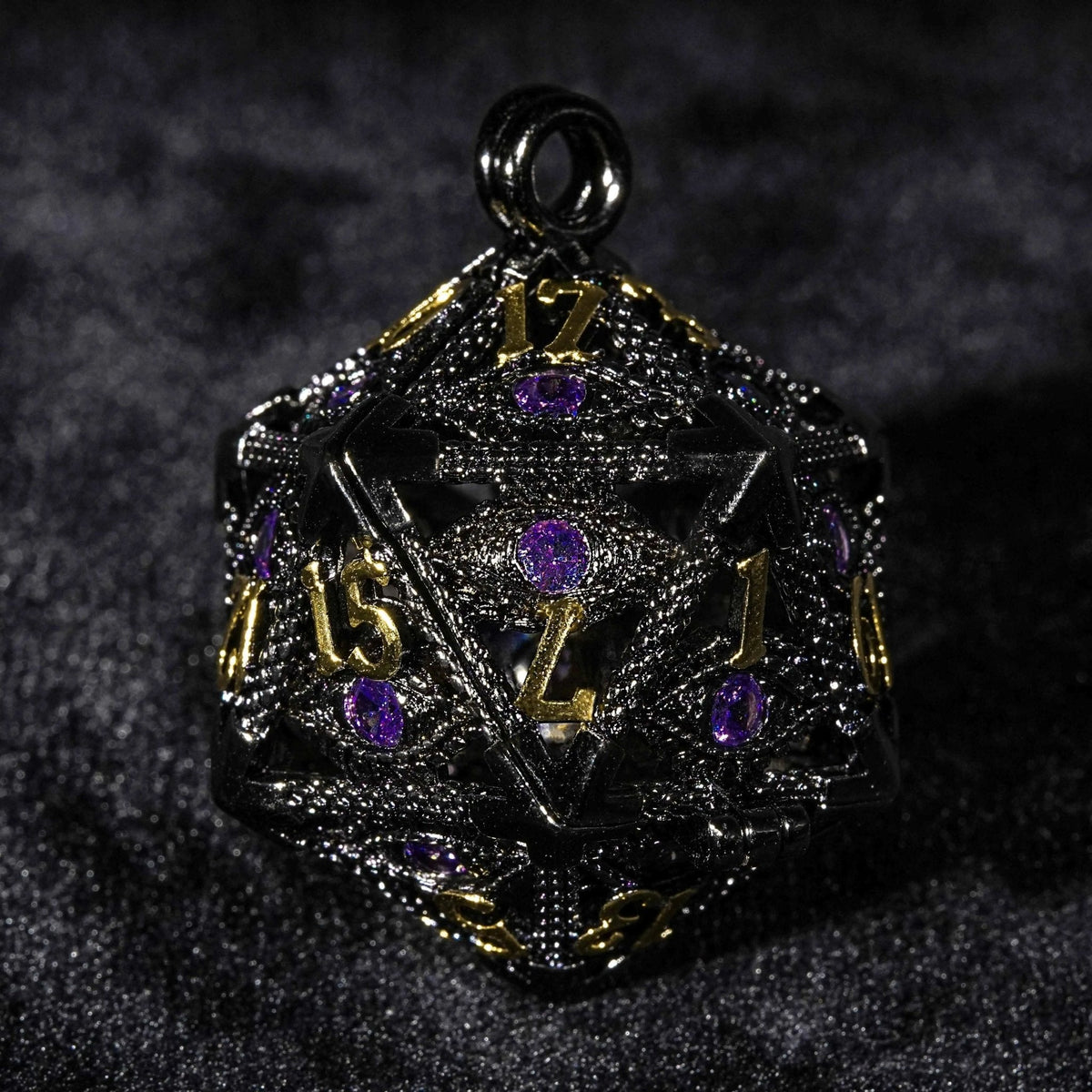Dragon Metal D20 Dice Set – Cage Mini – Amethyst Dragon's Eye Metal D20 Dice Cage + Mini Dice Set