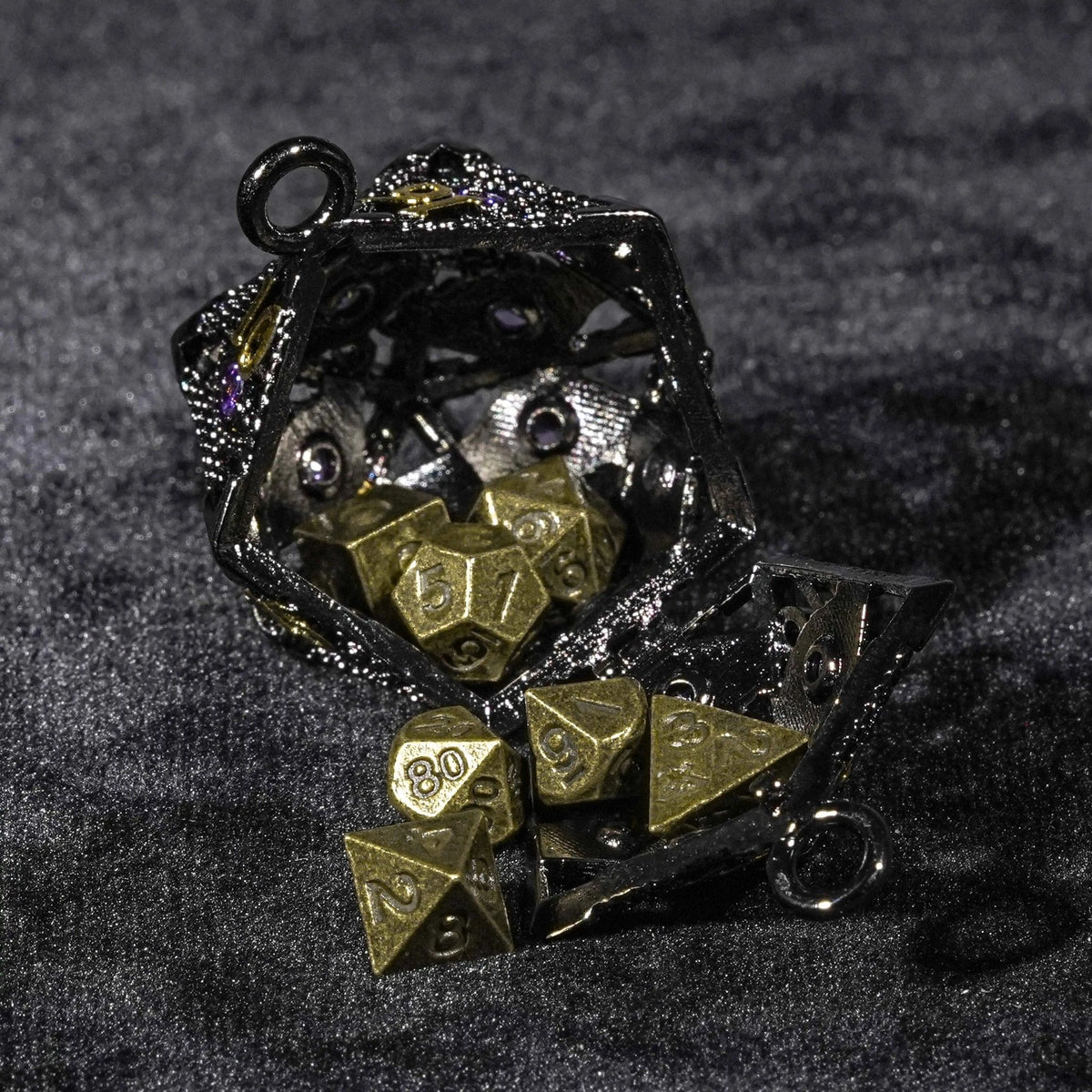 Dragon Metal D20 Dice Set – Cage Mini – Amethyst Dragon's Eye Metal D20 Dice Cage + Mini Dice Set