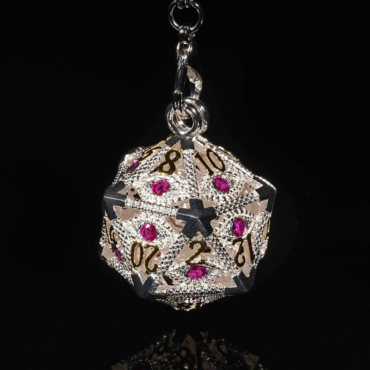 Dragon Metal D20 Dice Set – Cage Necklace – Silver Metal d20 Dice Cage Necklace Set Ruby Dragon's Eye