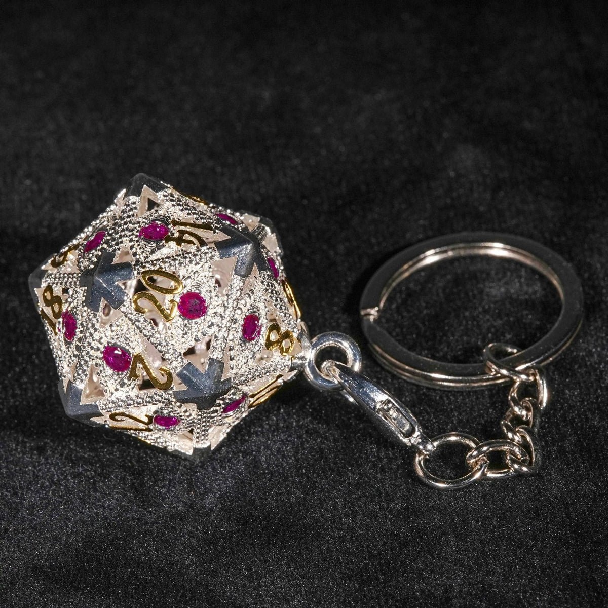 Dragon Metal D20 Dice Set – Cage Necklace – Silver Metal d20 Dice Cage Necklace Set Ruby Dragon's Eye