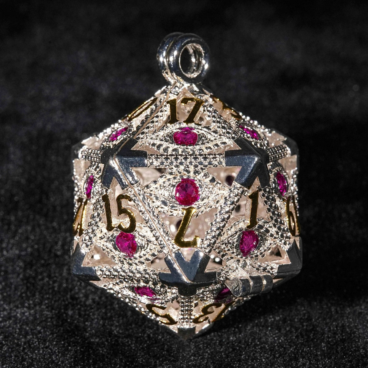 Dragon Metal D20 Dice Set – Cage Necklace – Silver Metal d20 Dice Cage Necklace Set Ruby Dragon's Eye