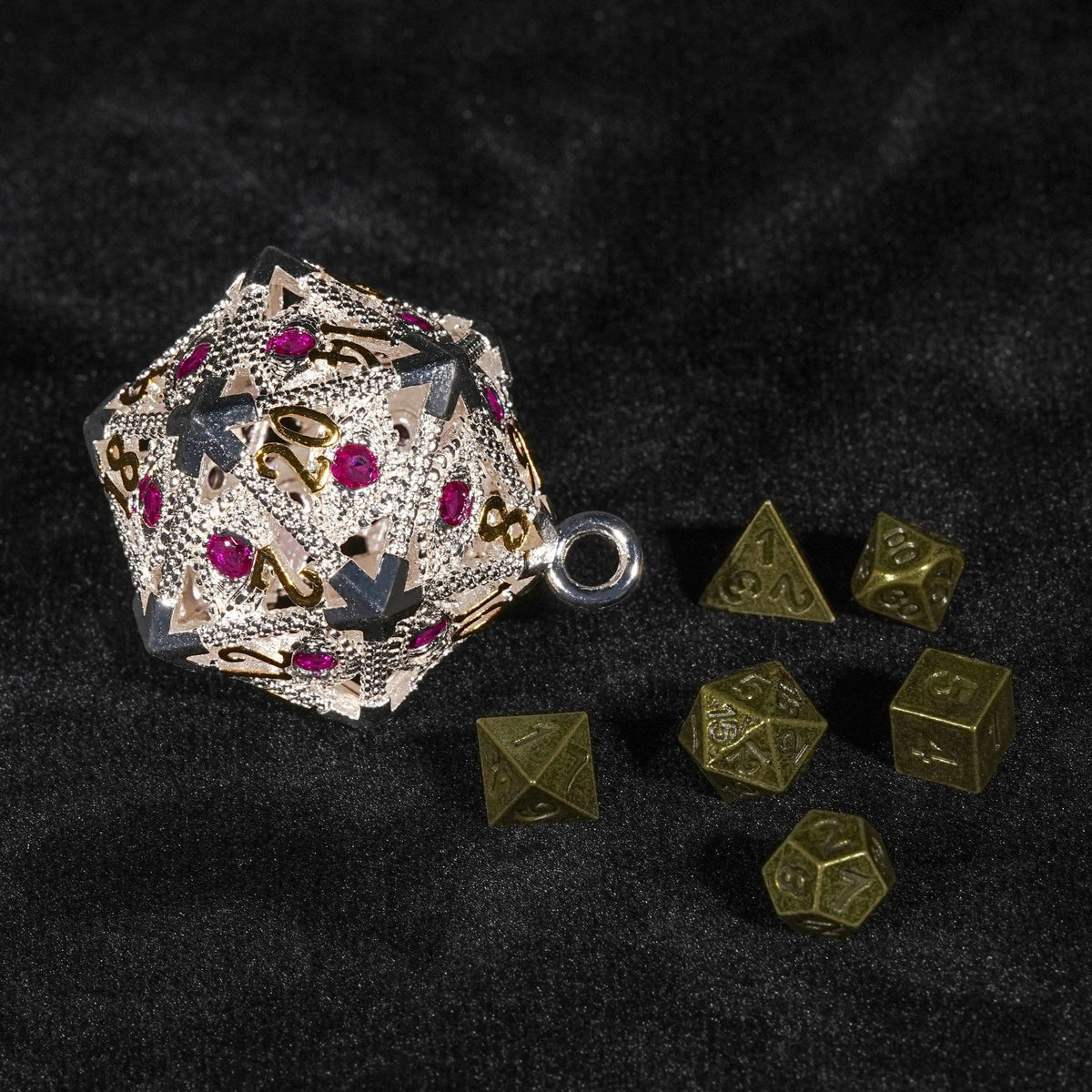 Dragon Metal D20 Dice Set – Cage Necklace – Silver Metal d20 Dice Cage Necklace Set Ruby Dragon's Eye