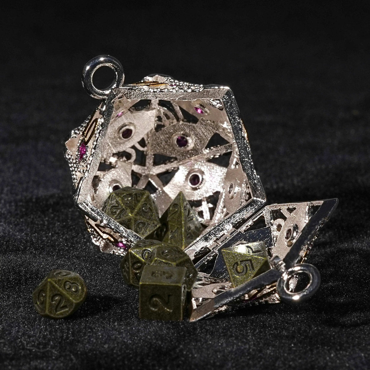 Dragon Metal D20 Dice Set – Cage Necklace – Silver Metal d20 Dice Cage Necklace Set Ruby Dragon's Eye