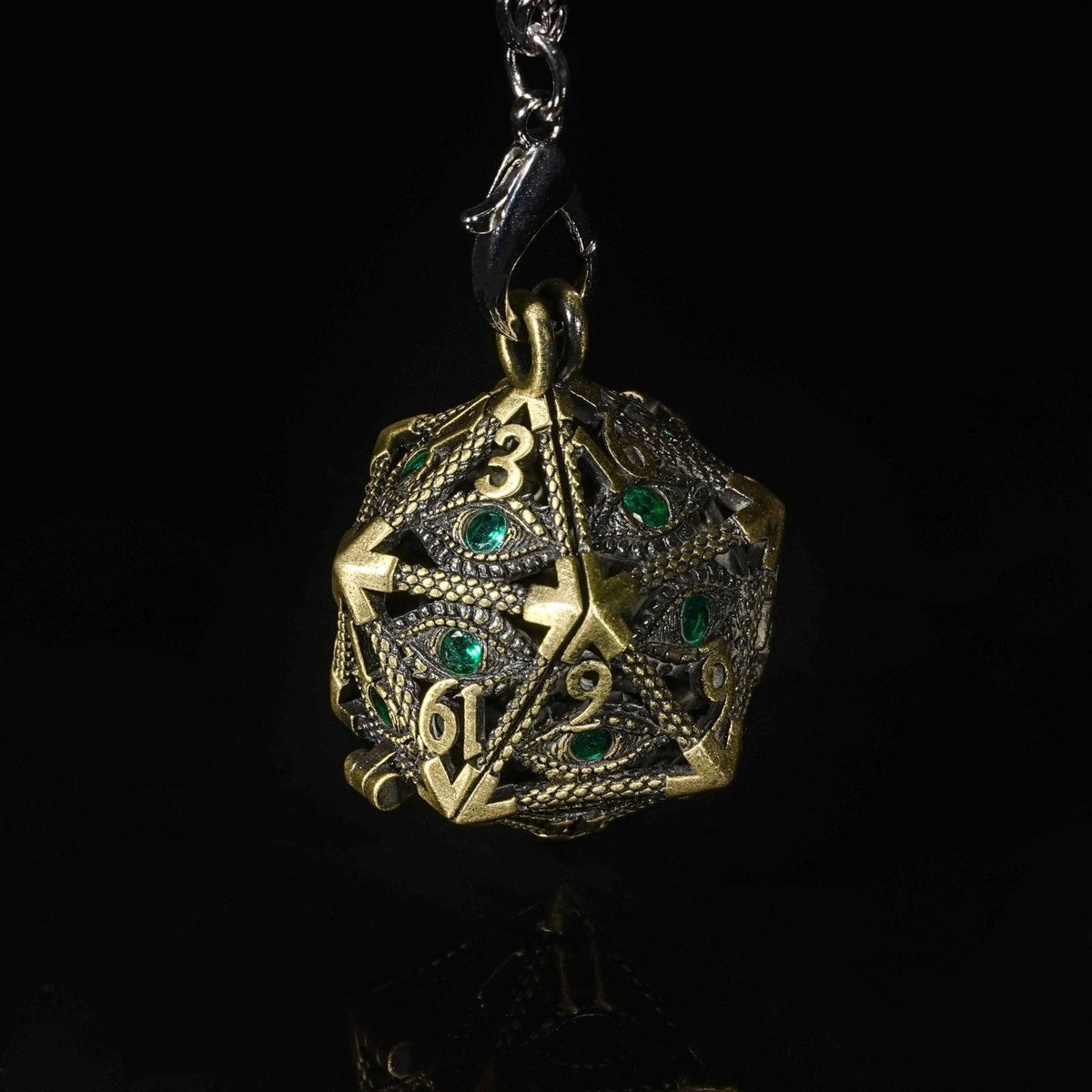 Dragon Metal D20 Dice Set – Necklace Mini – Emerald Gem Dragon Eye Metal Hollow D20 Dice Pendant + 7 Mini Metal Dice Set