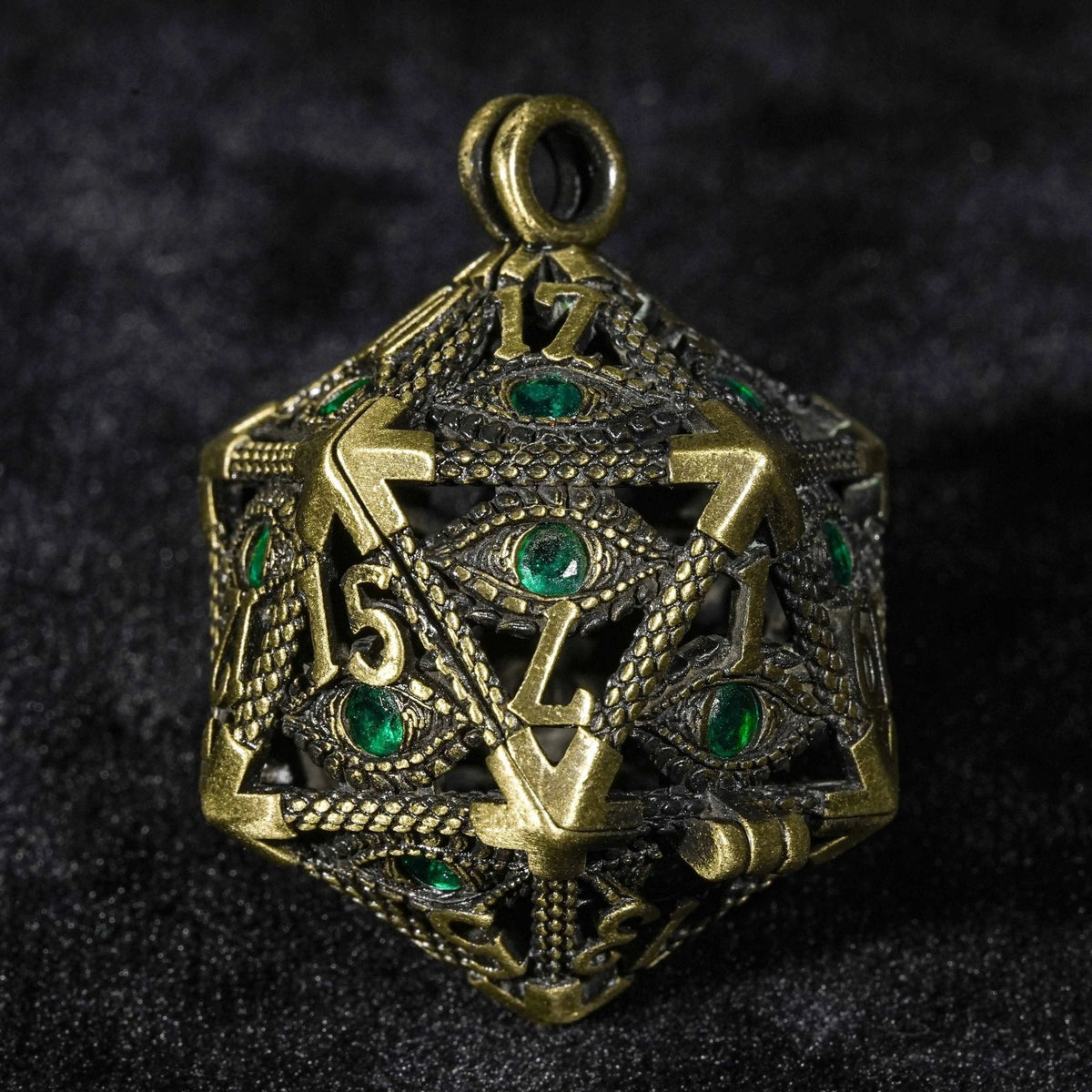 Dragon Metal D20 Dice Set – Necklace Mini – Emerald Gem Dragon Eye Metal Hollow D20 Dice Pendant + 7 Mini Metal Dice Set