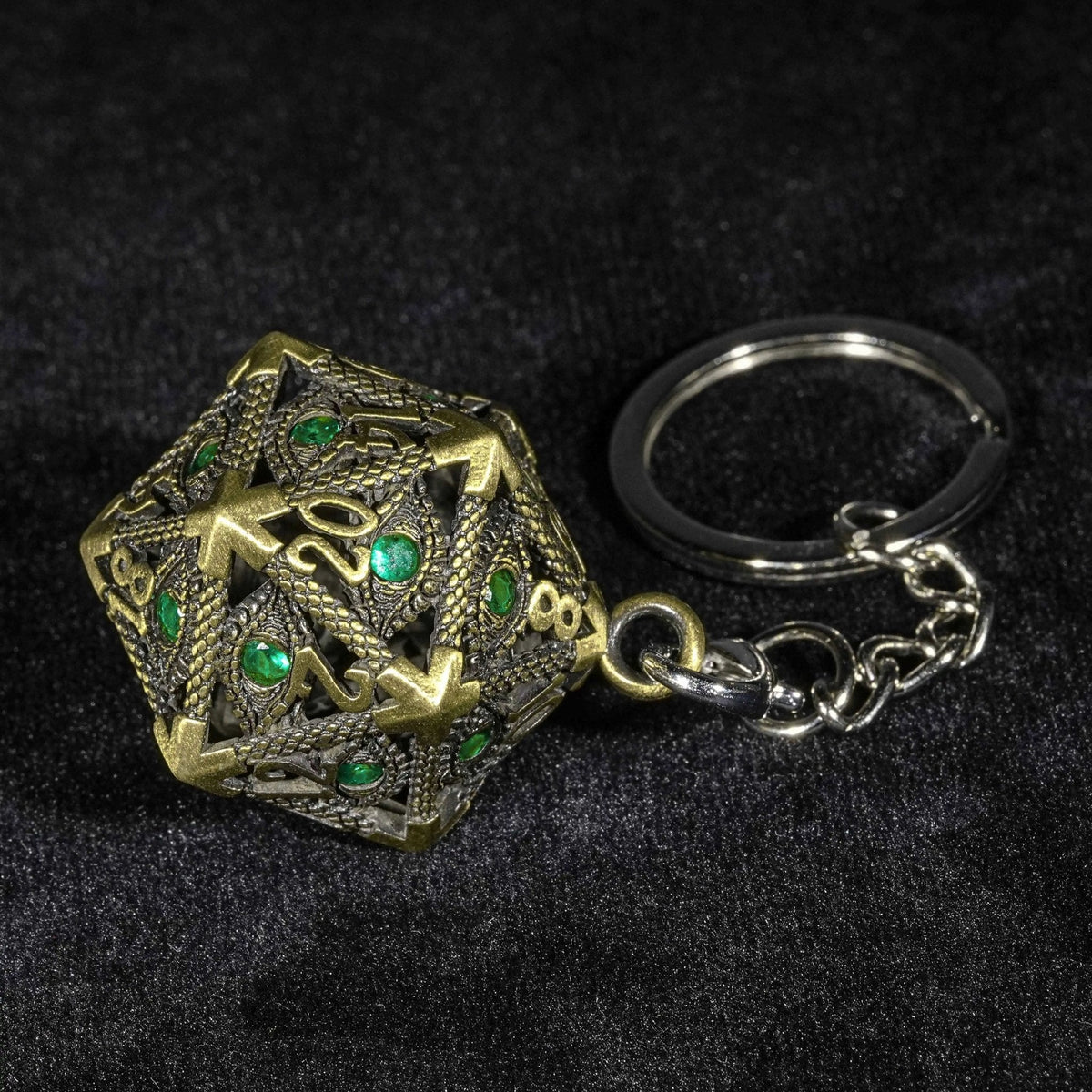 Dragon Metal D20 Dice Set – Necklace Mini – Emerald Gem Dragon Eye Metal Hollow D20 Dice Pendant + 7 Mini Metal Dice Set