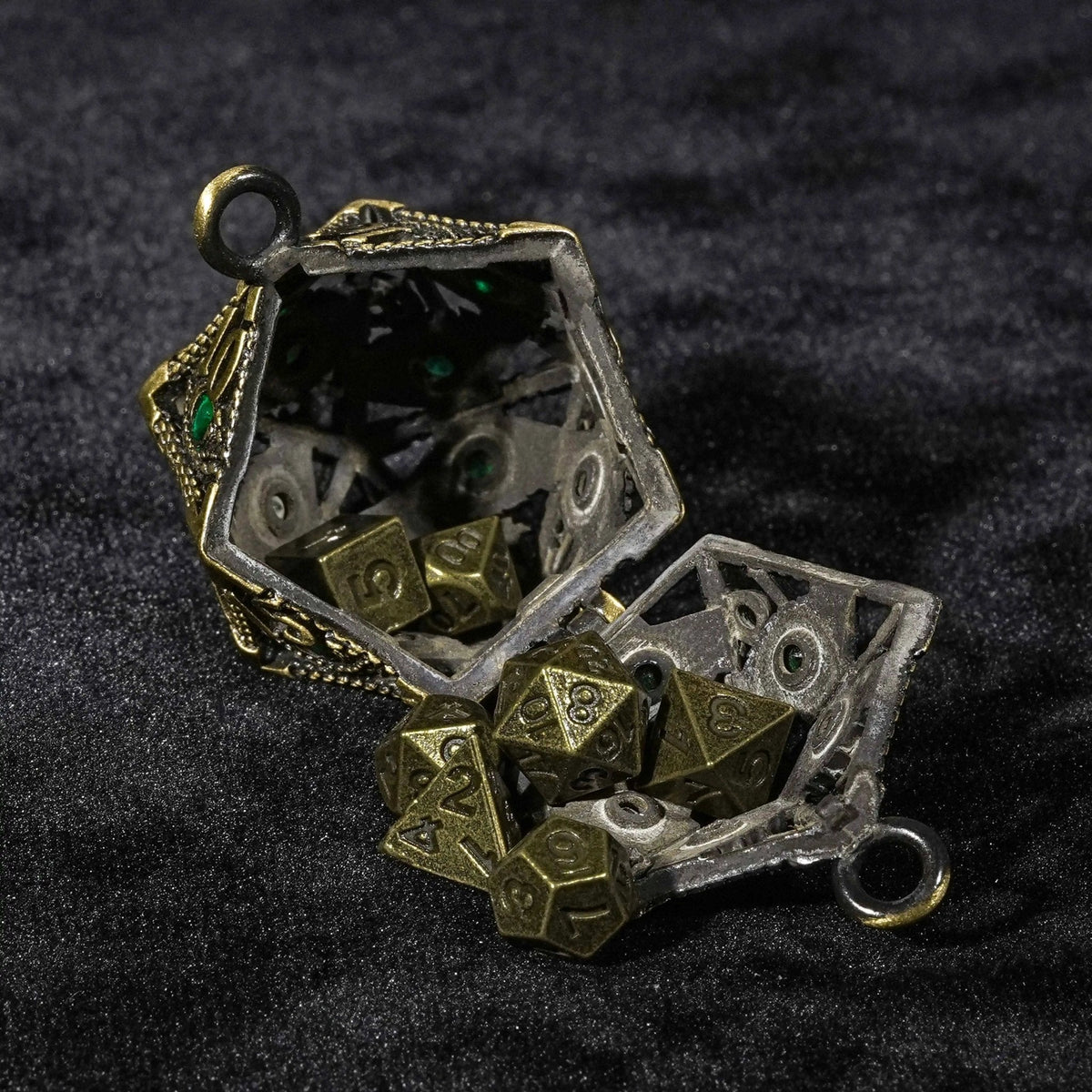 Dragon Metal D20 Dice Set – Necklace Mini – Emerald Gem Dragon Eye Metal Hollow D20 Dice Pendant + 7 Mini Metal Dice Set