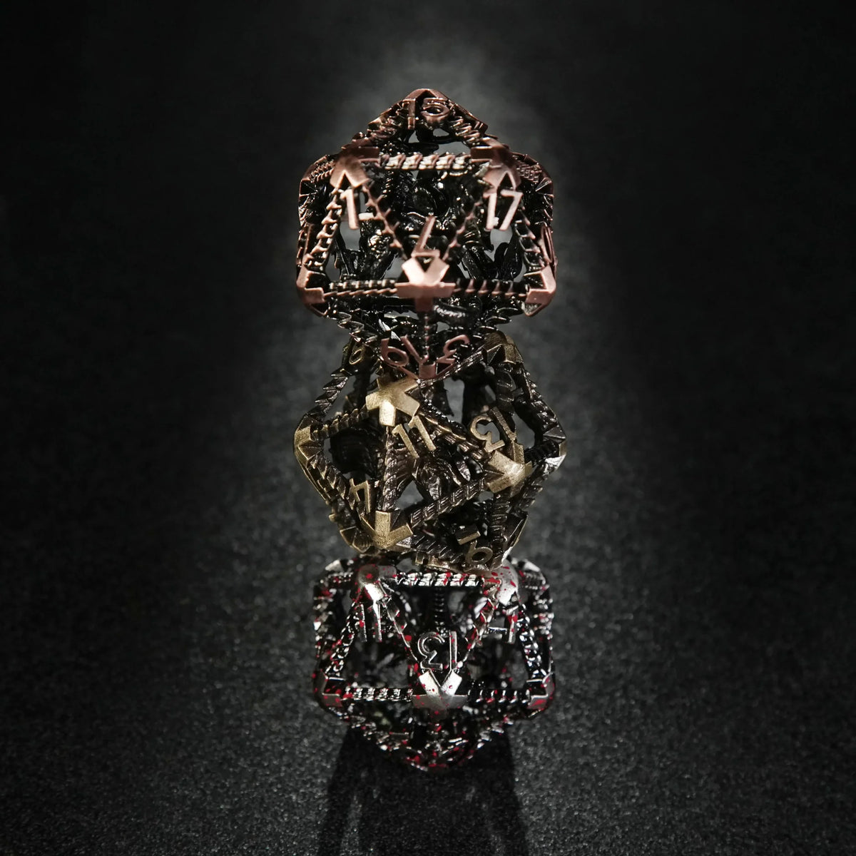 Dragon Metal D20 Dice – Three giant 40mm metal hollow dragon D20 dice (blood, copper, and bronze) stacked together