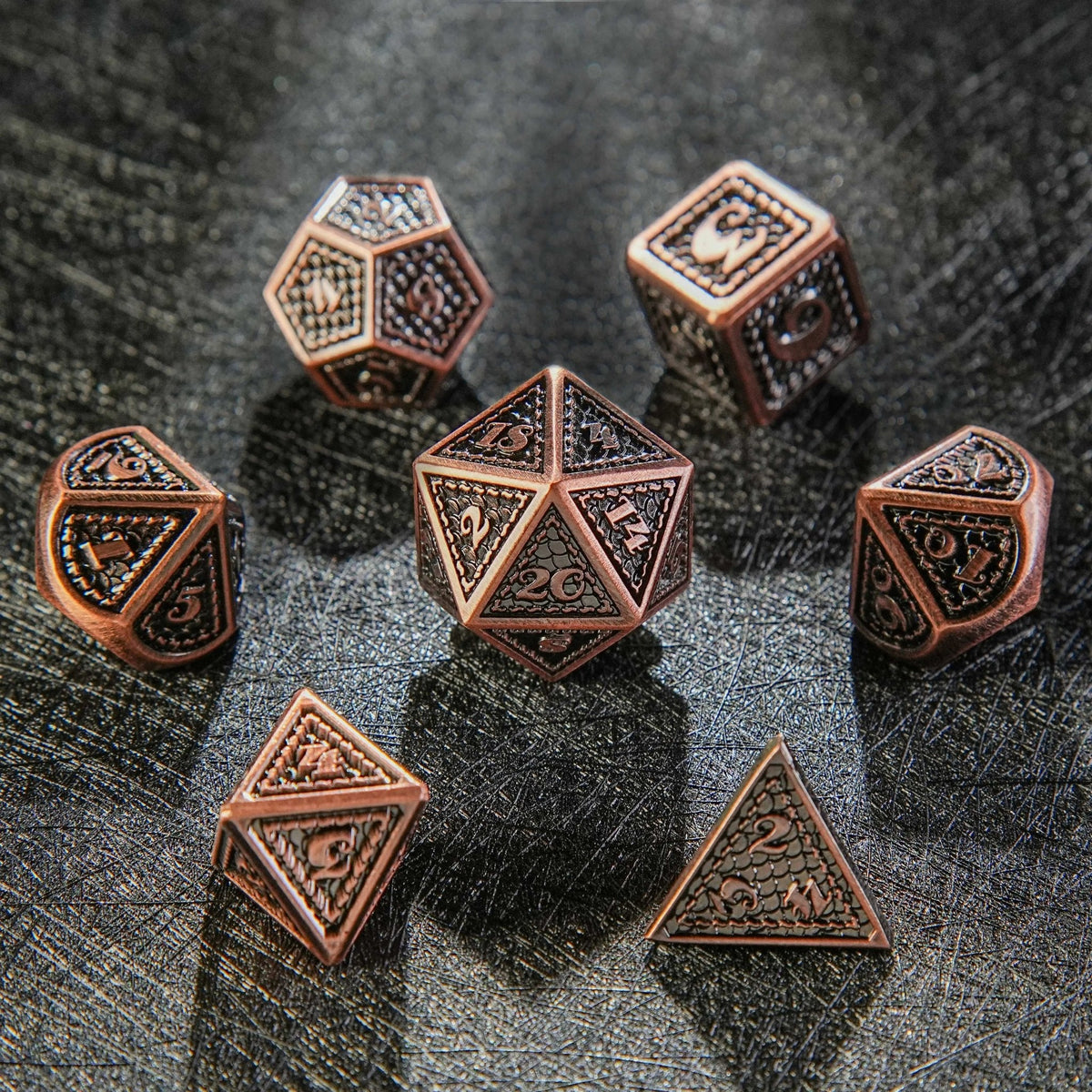 Dragon Metal DND Dice Set – Ancient Copper – Metal solid dragon scale pattern ancient red copper dice set