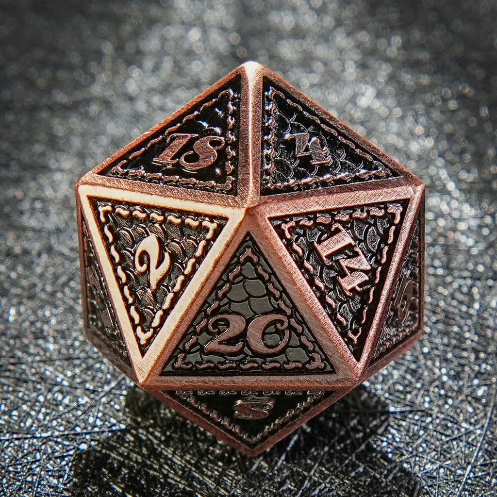 Dragon Metal DND Dice Set – Ancient Copper – Metal solid dragon scale pattern ancient red copper dice set