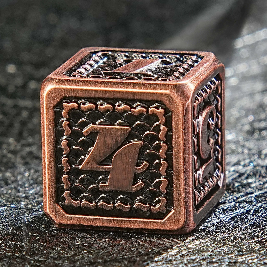 Dragon Metal DND Dice Set – Ancient Copper – Metal solid dragon scale pattern ancient red copper dice set
