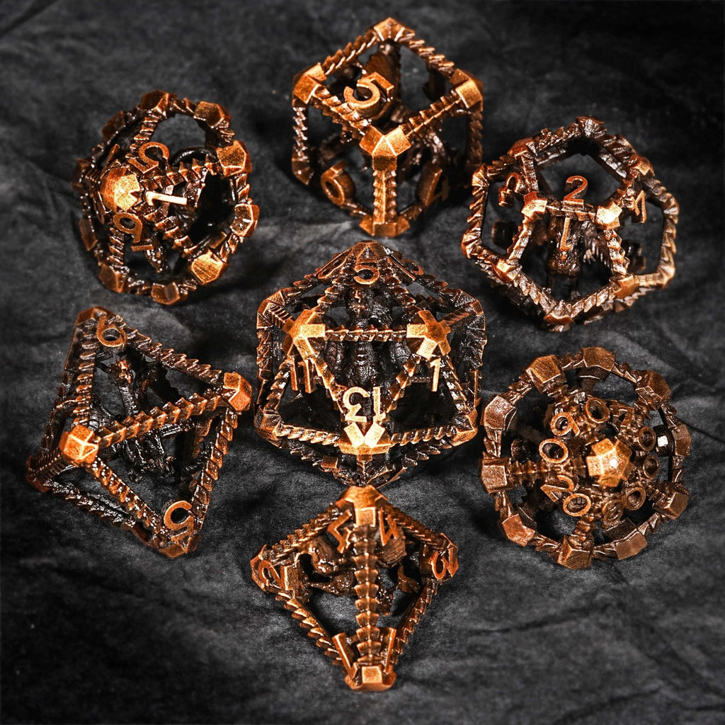 Dragon Metal DND Dice Set – Antique – Antique Gold Metal Hollow 3D Dragon D&D Dice Set