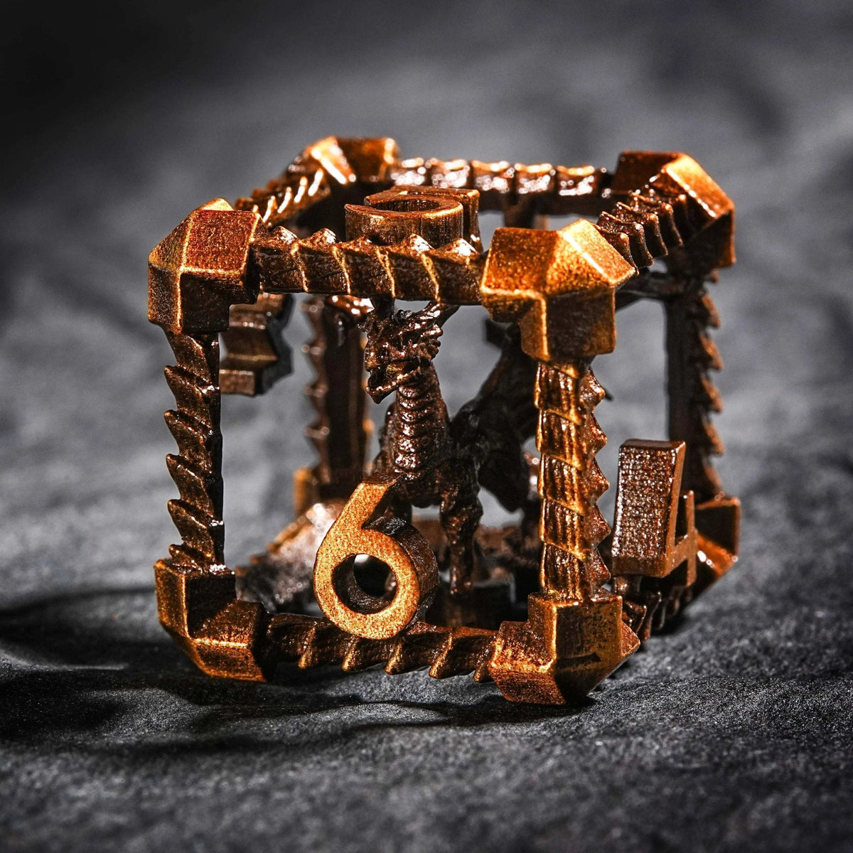 Dragon Metal DND Dice Set – Antique – Antique Gold Metal Hollow 3D Dragon D&D Dice Set