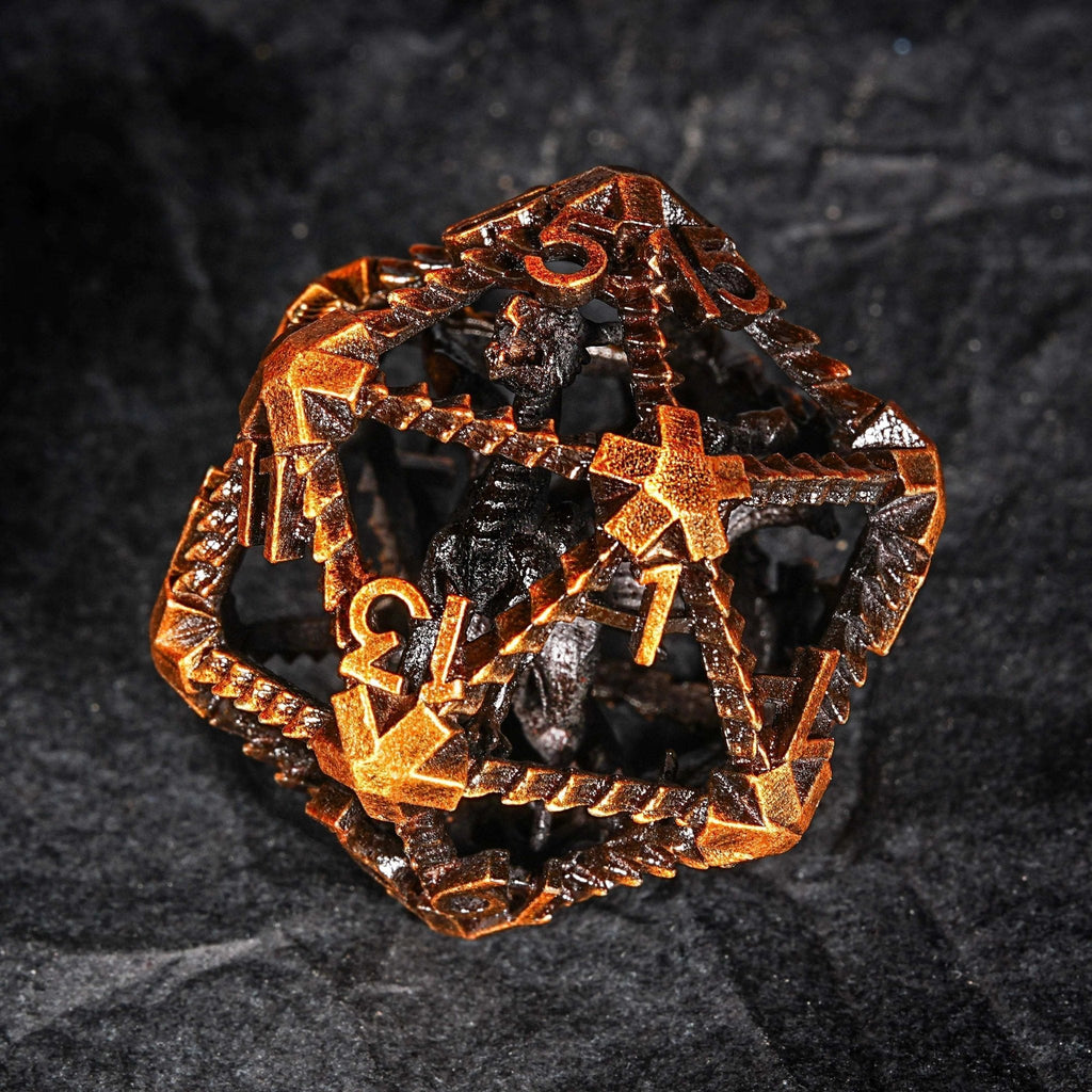 Dragon Metal DND Dice Set – Antique – Antique Gold Metal Hollow 3D Dragon D&D Dice Set