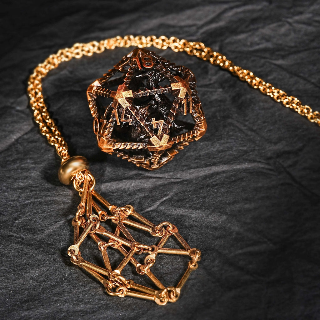 Dragon Metal DND Dice Set – Antique – Antique Gold Metal Hollow 3D Dragon D&D Dice Set