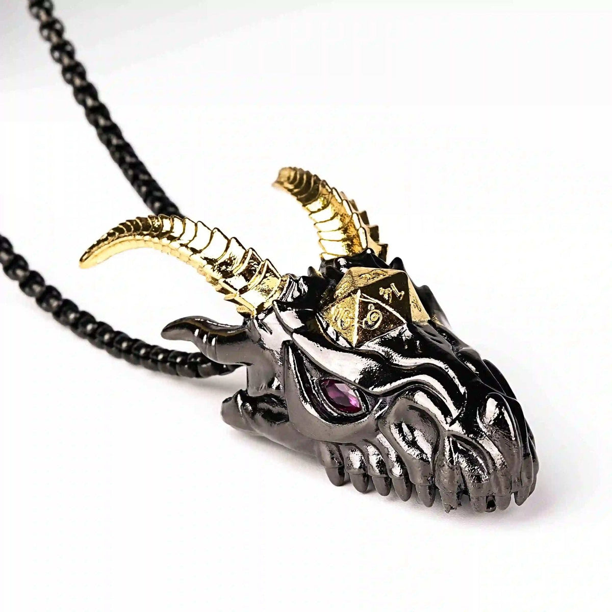 Dragon Metal DND Dice Set – Cage Necklace – Super cool metal black dragon head dice necklace +mini metal dice set