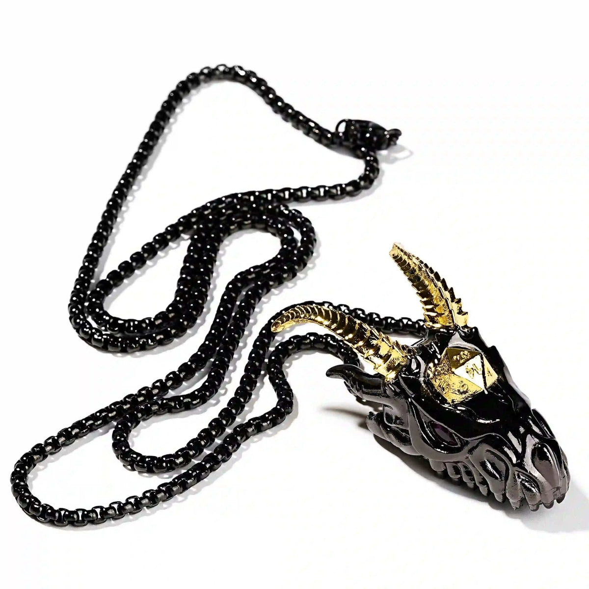 Dragon Metal DND Dice Set – Cage Necklace – Super cool metal black dragon head dice necklace +mini metal dice set