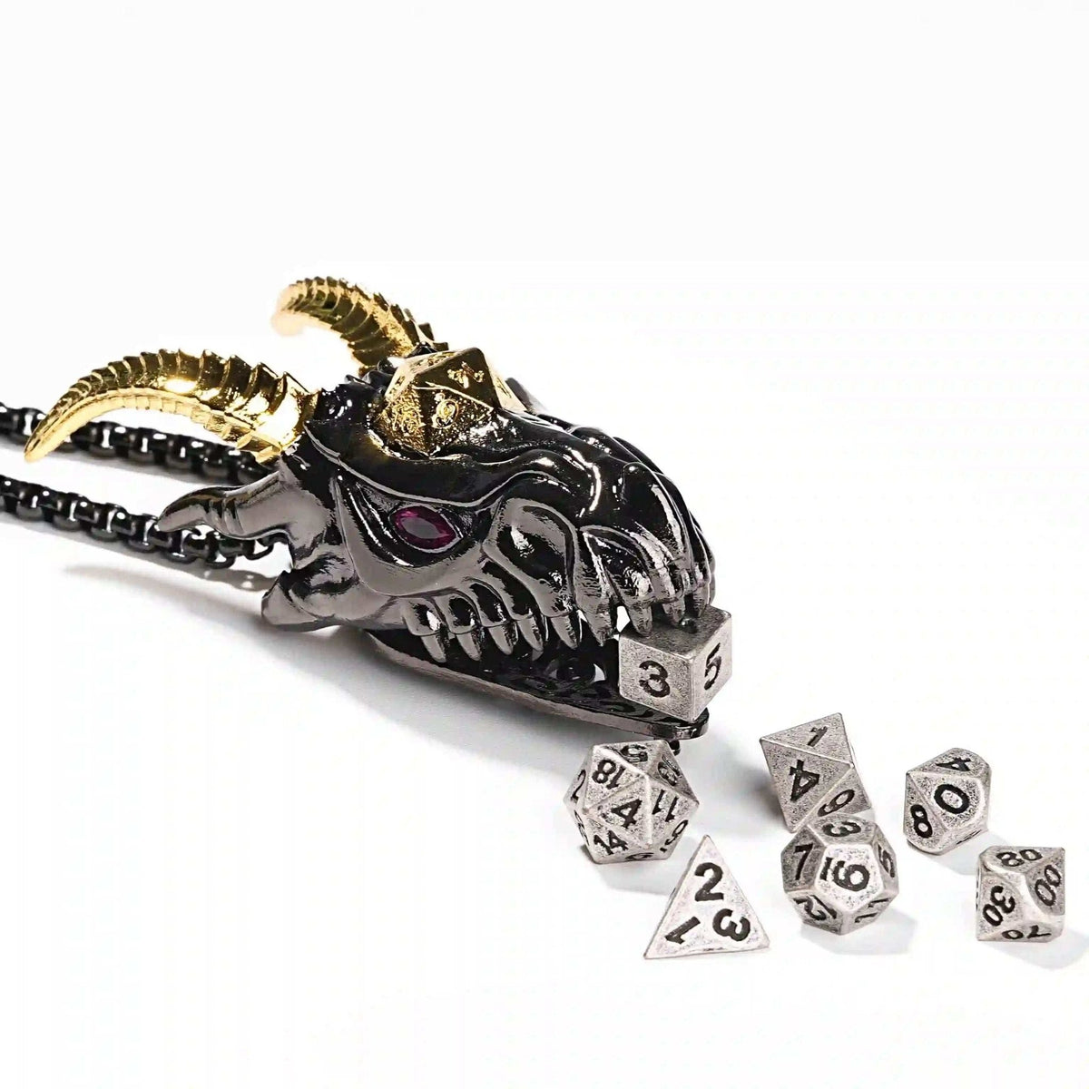 Dragon Metal DND Dice Set – Cage Necklace – Super cool metal black dragon head dice necklace +mini metal dice set
