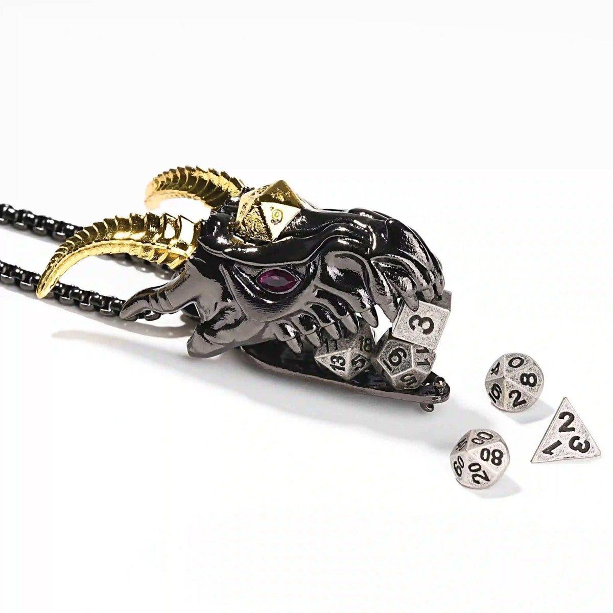 Dragon Metal DND Dice Set – Cage Necklace – Super cool metal black dragon head dice necklace +mini metal dice set