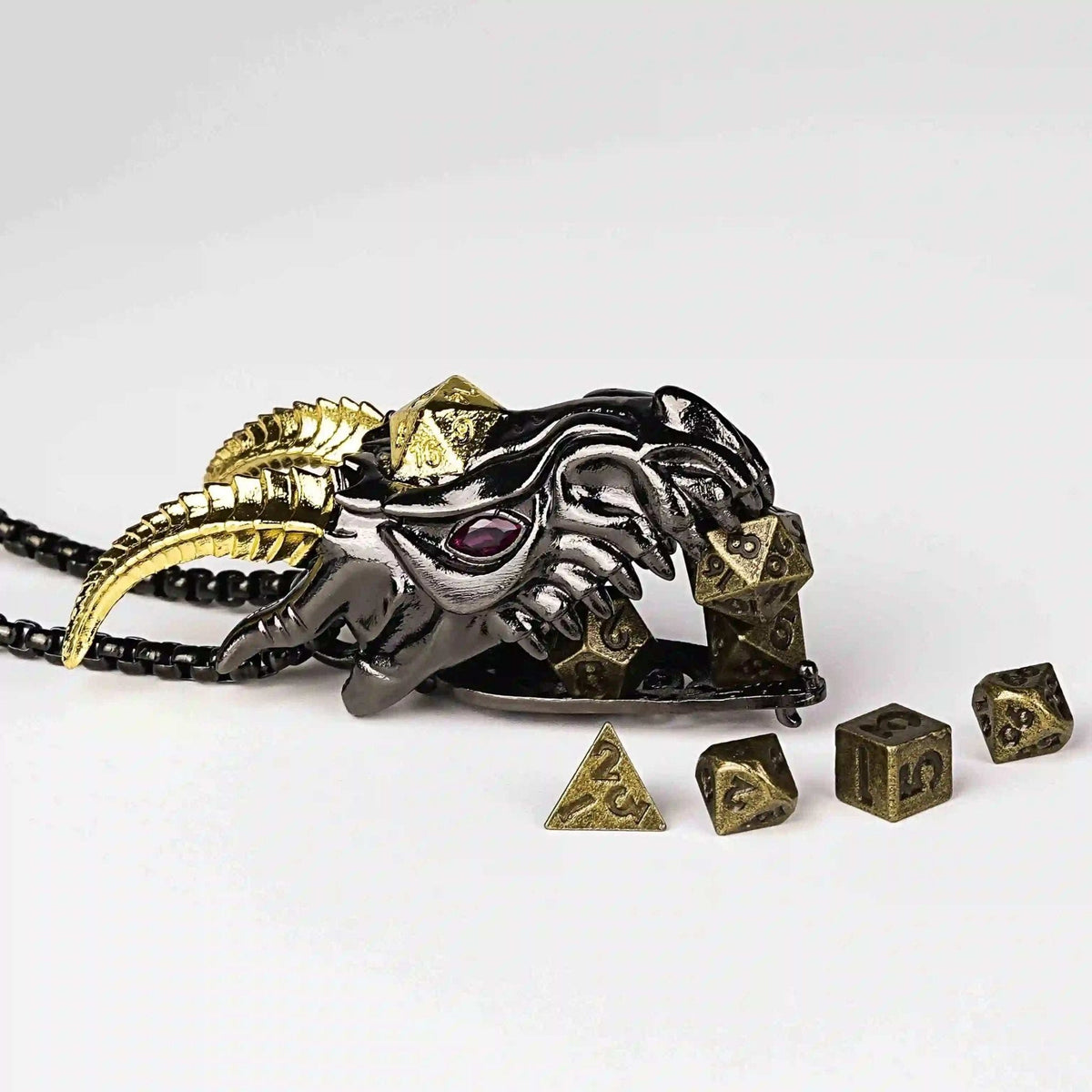 Dragon Metal DND Dice Set – Cage Necklace – Super cool metal black dragon head dice necklace +mini metal dice set