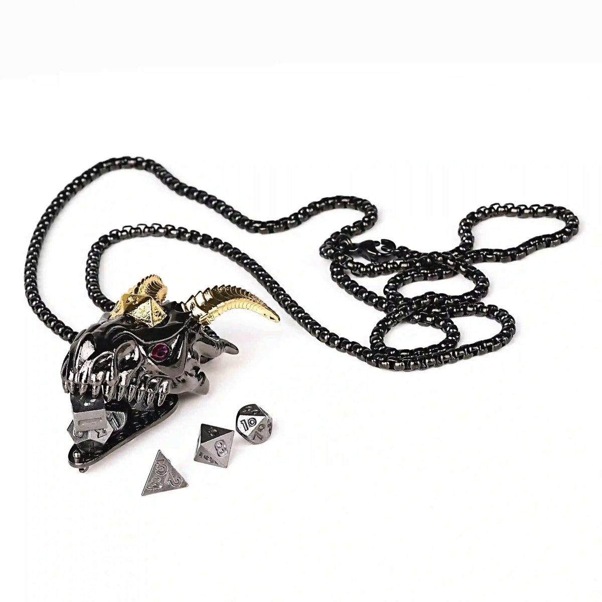 Dragon Metal DND Dice Set – Cage Necklace – Super cool metal black dragon head dice necklace +mini metal dice set