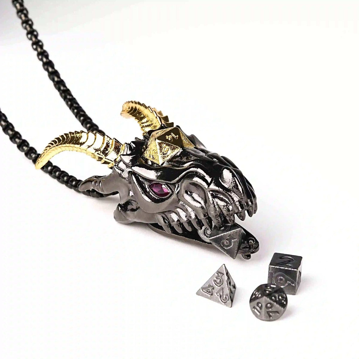 Dragon Metal DND Dice Set – Cage Necklace – Super cool metal black dragon head dice necklace +mini metal dice set
