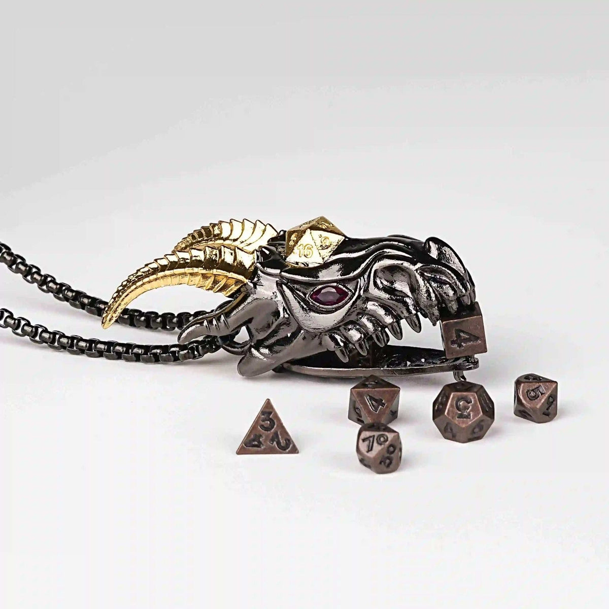 Dragon Metal DND Dice Set – Cage Necklace – Super cool metal black dragon head dice necklace +mini metal dice set