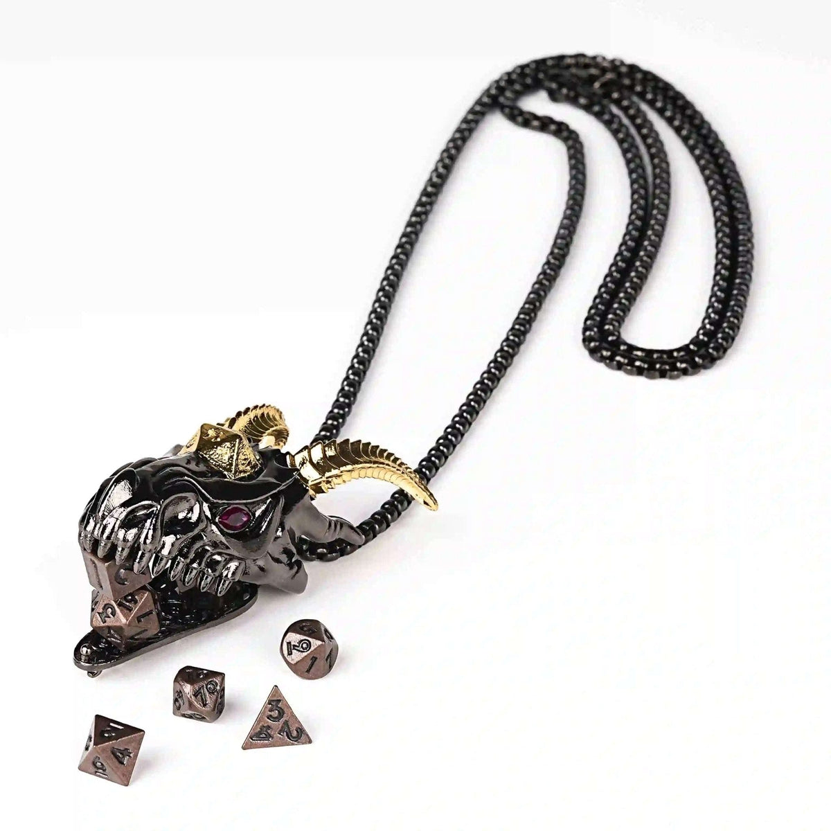 Dragon Metal DND Dice Set – Cage Necklace – Super cool metal black dragon head dice necklace +mini metal dice set
