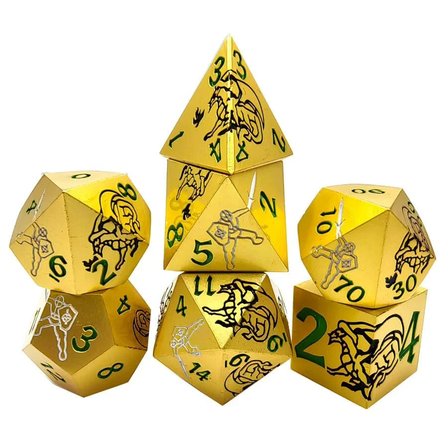 Dragon Metal DND Dice Set – Dazzling Warriors – Gold Metal DND Dice Black Dragon and Warrior Set with Green Font