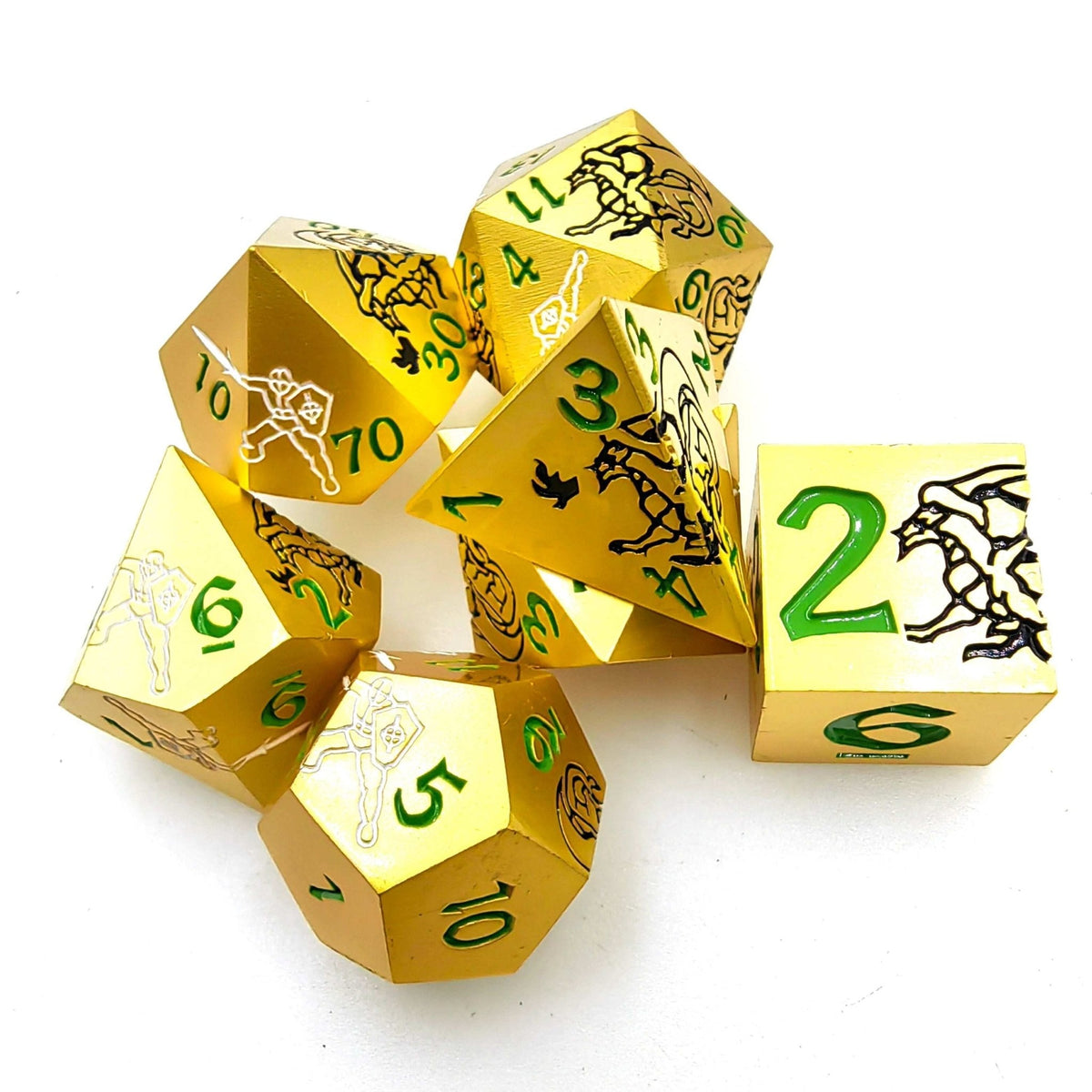 Dragon Metal DND Dice Set – Dazzling Warriors – Gold metal dnd set featuring green engravings, a black dragon, and a