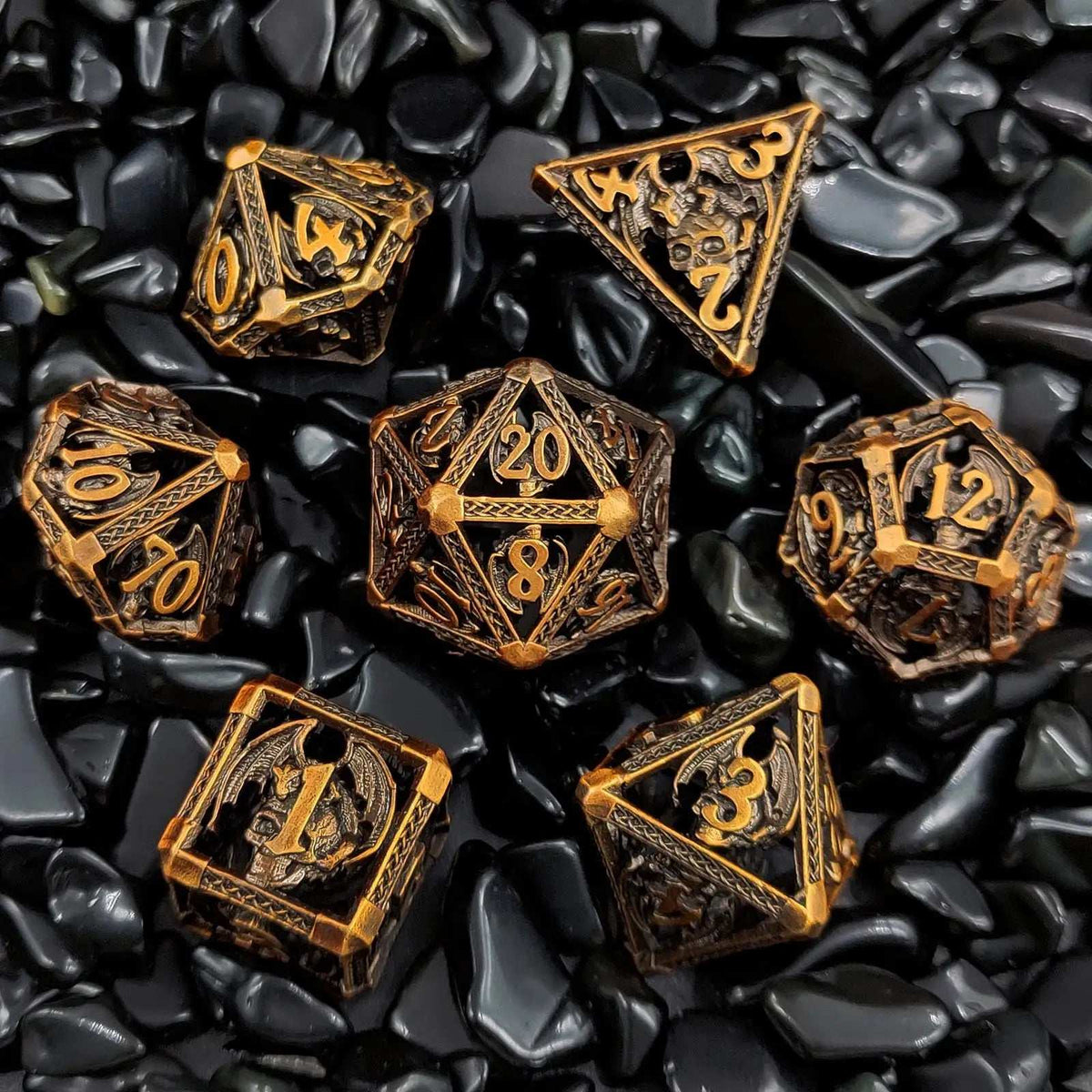 Dragon Metal DND Dice Set – Devil Copper – Cool Metal Skull Flying Dragon Hollow DND Dice Set