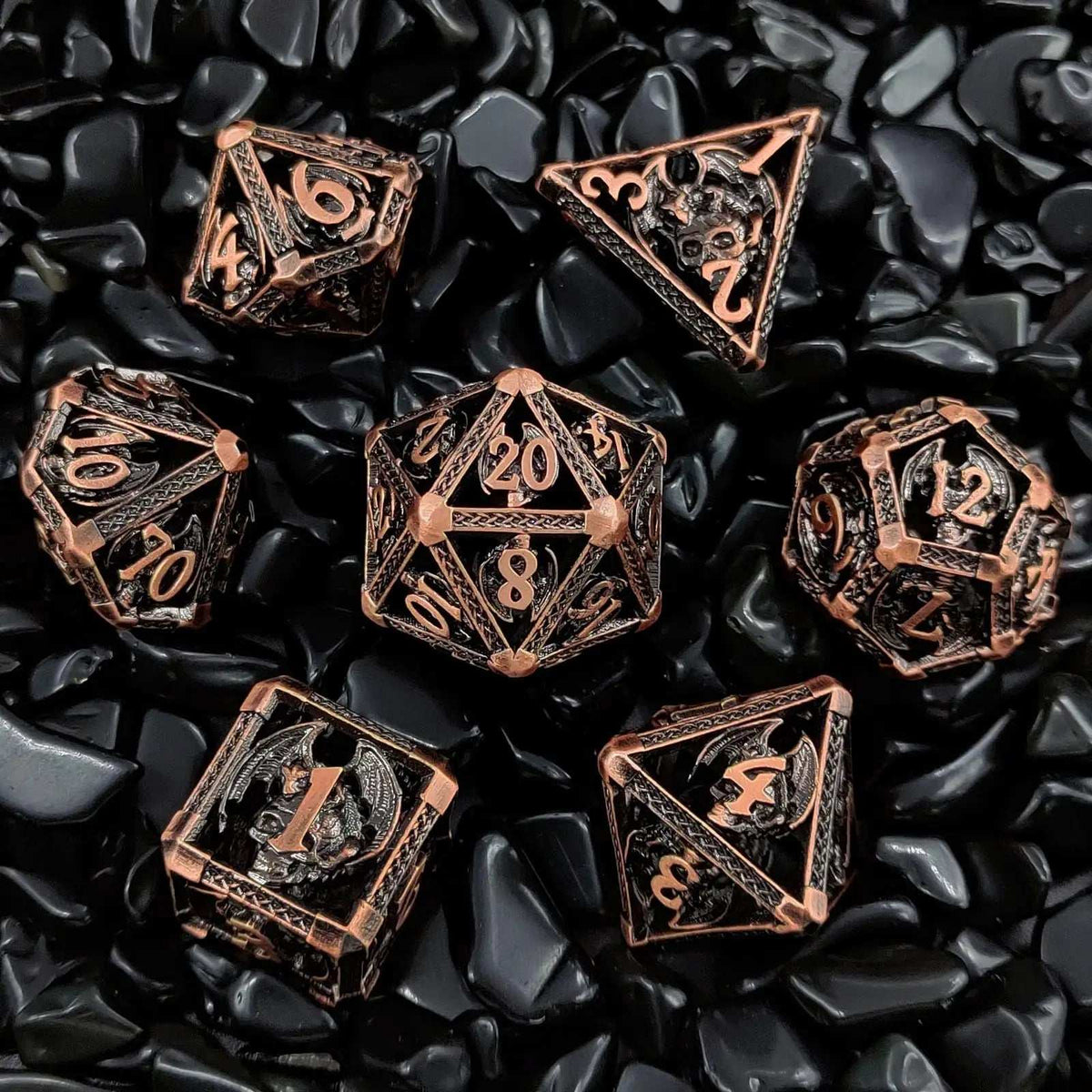 Dragon Metal DND Dice Set – Devil Copper – Cool Metal Skull Flying Dragon Hollow DND Dice Set