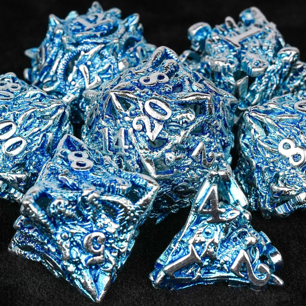 Dragon Metal DND Dice Set – Dungeon Sets – Balor Style - Silver Blue Dragon Head Metal Hollow dnd Dice Set