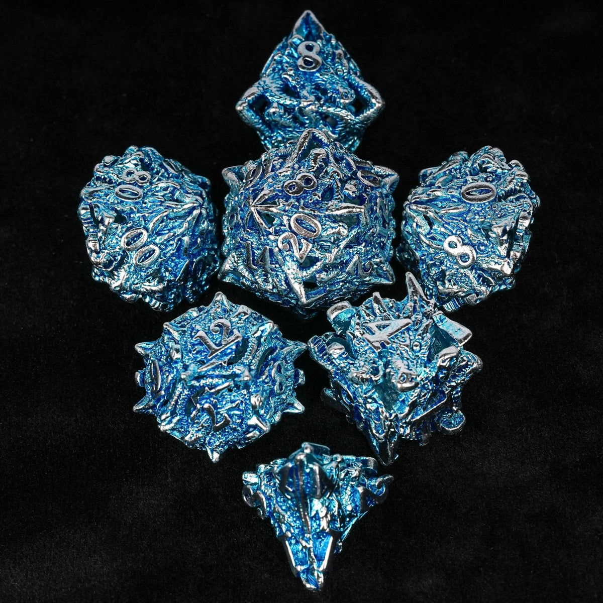 Dragon Metal DND Dice Set – Dungeon Sets – Balor Style - Silver Blue Dragon Head Metal Hollow dnd Dice Set