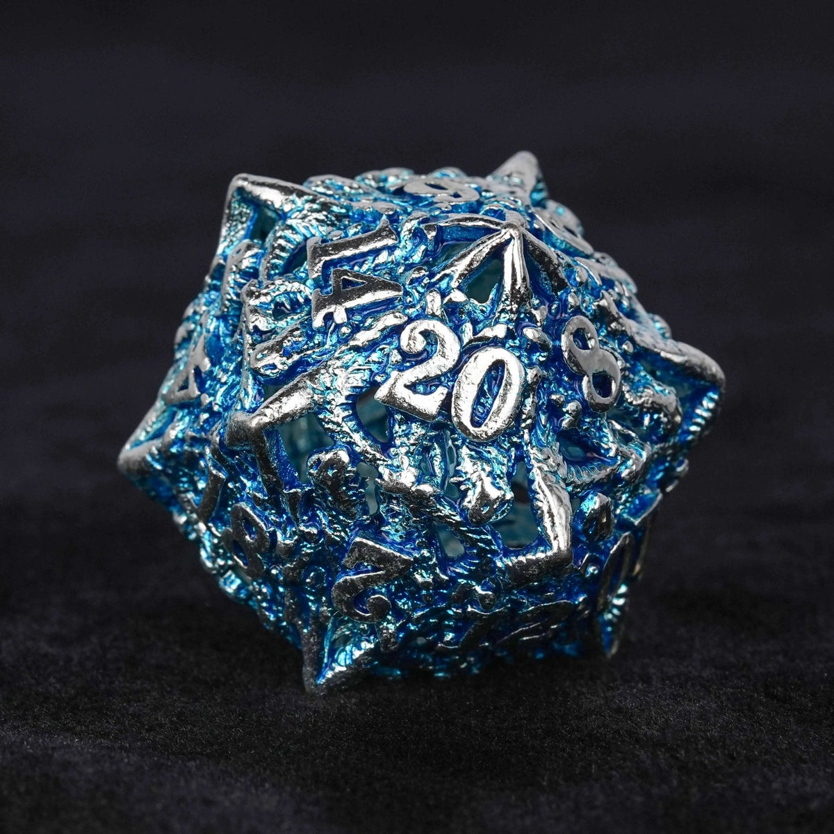 Dragon Metal DND Dice Set – Dungeon Sets – Balor Style - Silver Blue Dragon Head Metal Hollow dnd Dice Set
