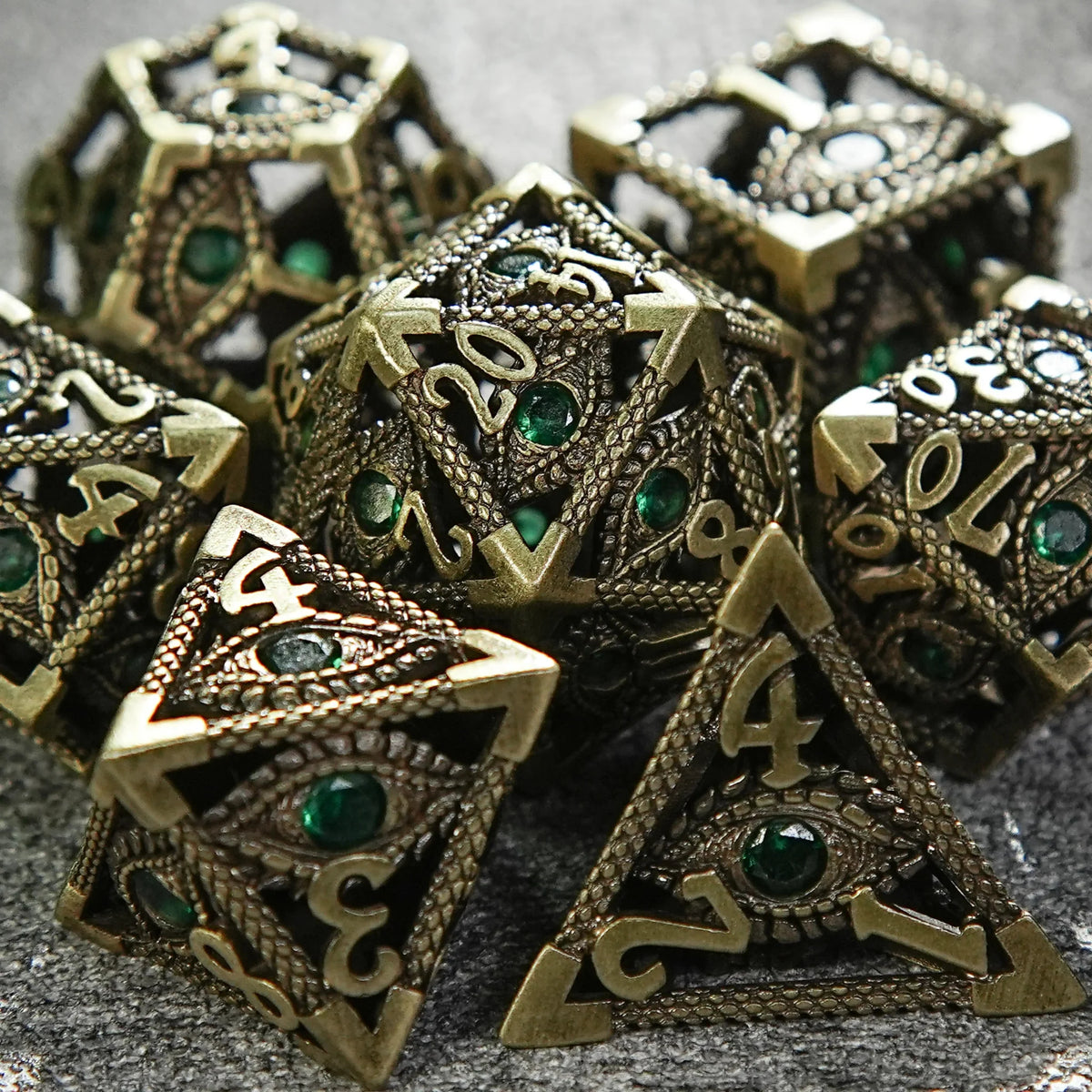 Dragon Metal DND Dice Set – Eye Sets – DND Bronze Emerald Dragon Eye Metal Dice Set