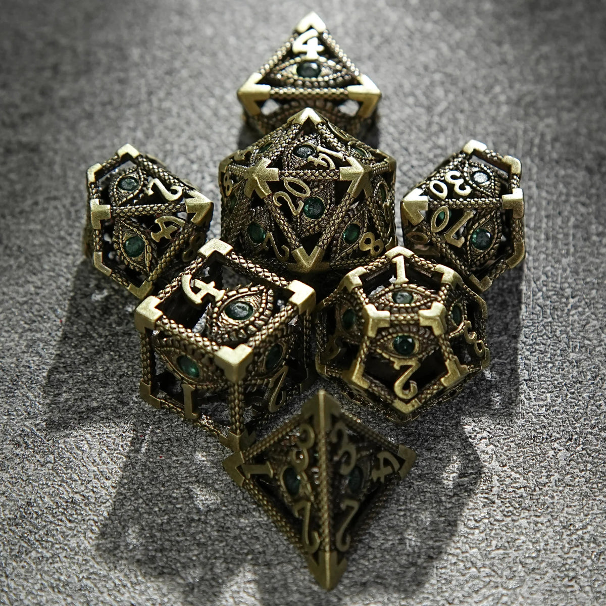 Dragon Metal DND Dice Set – Eye Sets – Bronze Emerald Dragon Eye Metal Hollow DND Dice Set