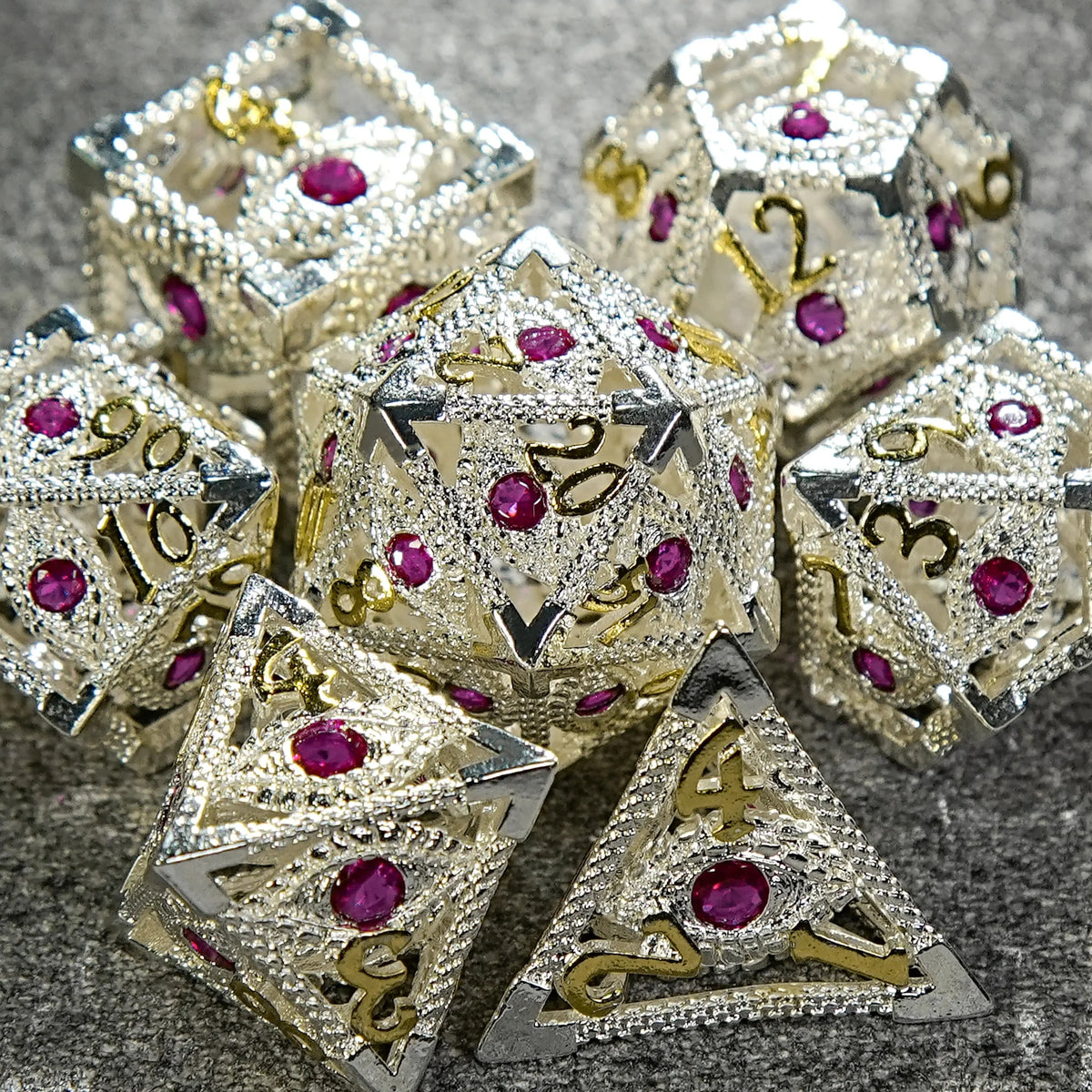 Dragon Metal DND Dice Set – Gems Eye – Silver with Pink Gems Dragon's Eye Hollow Metal RPG dice set