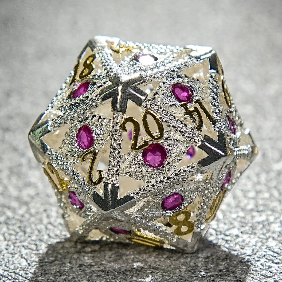 Dragon Metal DND Dice Set – Gems Eye – Silver with Pink Gems Dragon's Eye Hollow Metal RPG dice set