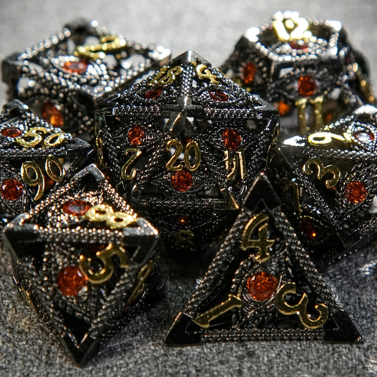 Dragon Metal DND Dice Set – Gold Numbers – Ruby Devil's Eye Black Metal Hollow DND Dice Set with Engraved Gold Numbers