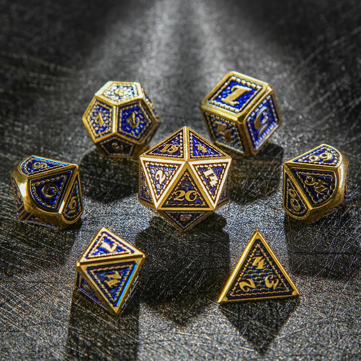 Dragon Metal DND Dice Set – Imitation Scale – Vintage Luxury: Gold Blue Dragon Scale Metal DND Dice Set