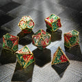 Dragon Metal DND Dice Set – Pattern Border – Dragon's Flame - Red and Green Solid Metal DND Dice Set